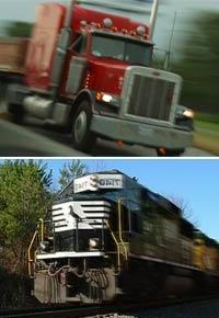 A red semi-truck cab drives cargo on the highway while a train engine moves containers to its destination. 